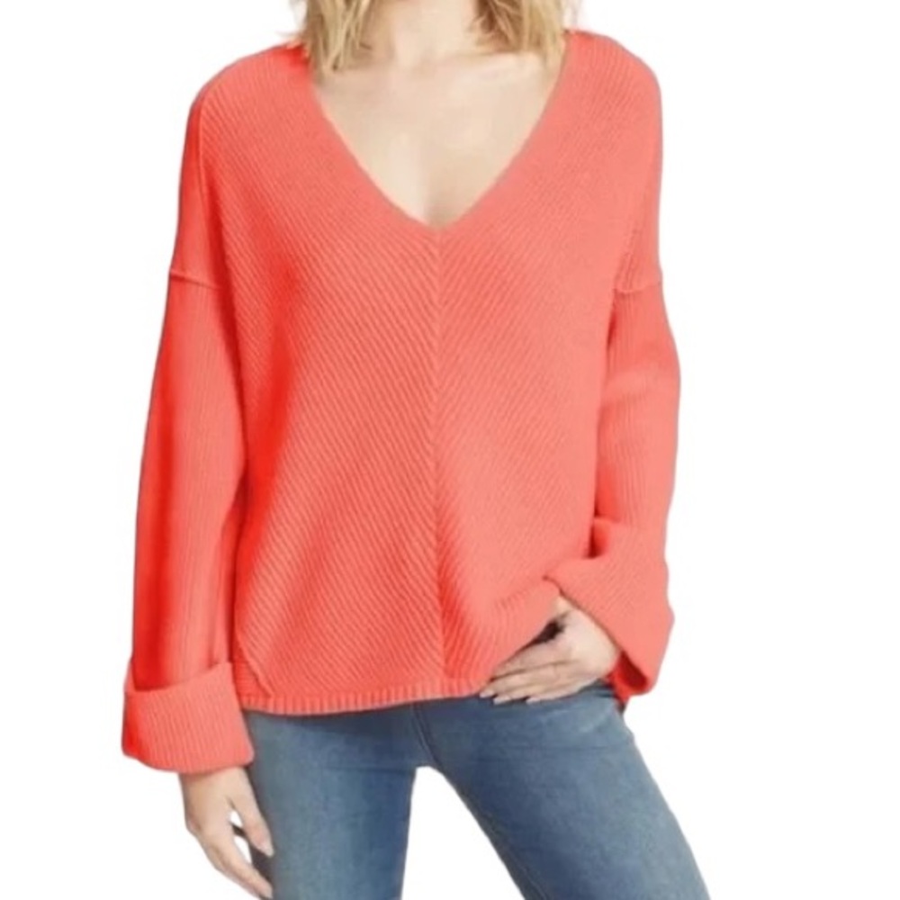 Free People La Brea Coral Orange Ribbed Cropped Front Oversized Knit Sweater  XS
